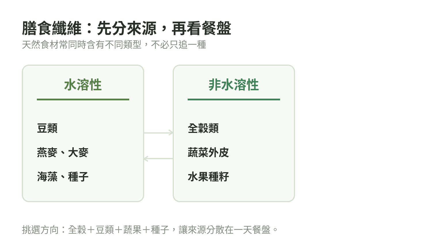 膳食纖維來源示意圖:豆類、燕麥、全穀、蔬菜與種子等常見植物性食材