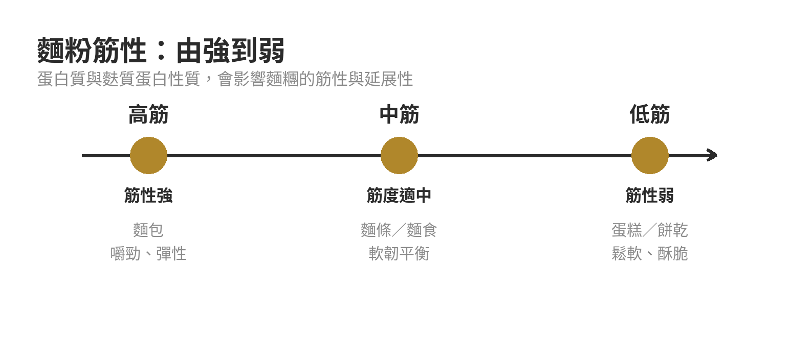 高筋、中筋、低筋麵粉的筋性與常見用途連續示意圖