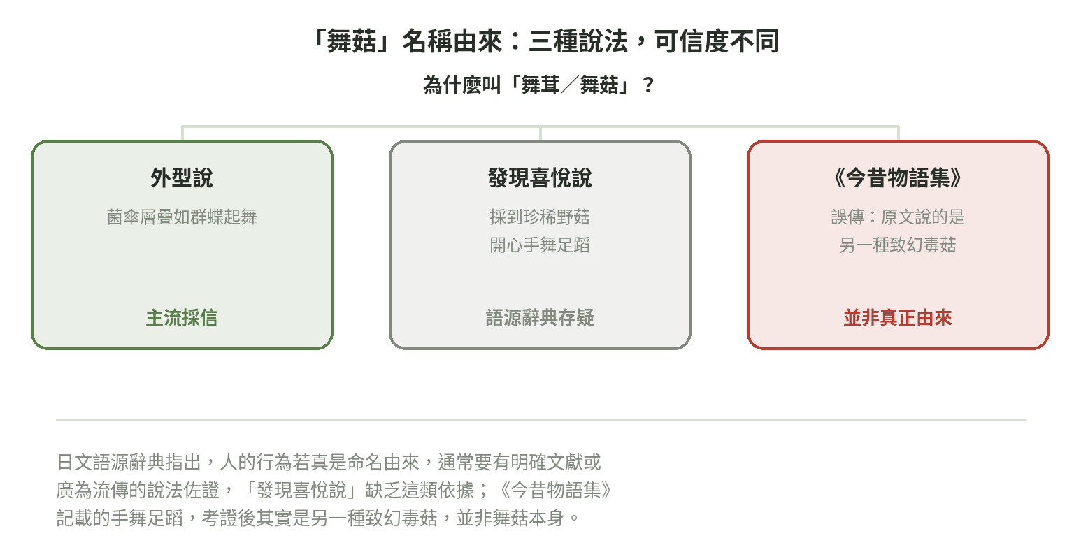 舞菇名稱由來三種說法示意圖:外型說主流採信、發現喜悅說存疑、今昔物語集誤傳並非真正由來