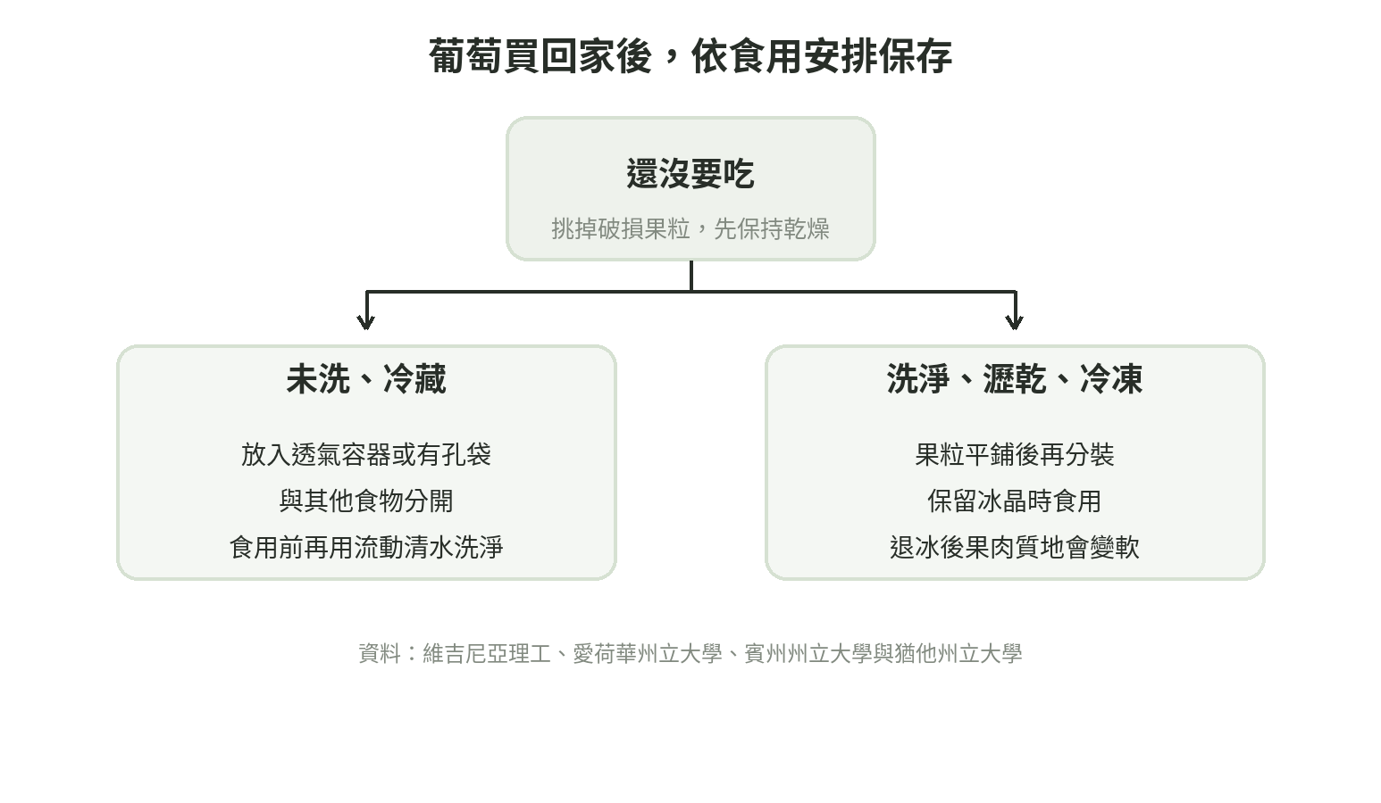 葡萄保存順序：完整果串先保持乾燥並冷藏，食用前再沖洗；需要延長保存時可清洗、擦乾後冷凍
