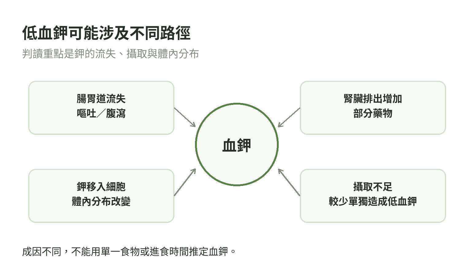 低血鉀相關成因可分為腸胃道流失、腎臟排鉀增加、攝取不足與鉀移入細胞等不同路徑。