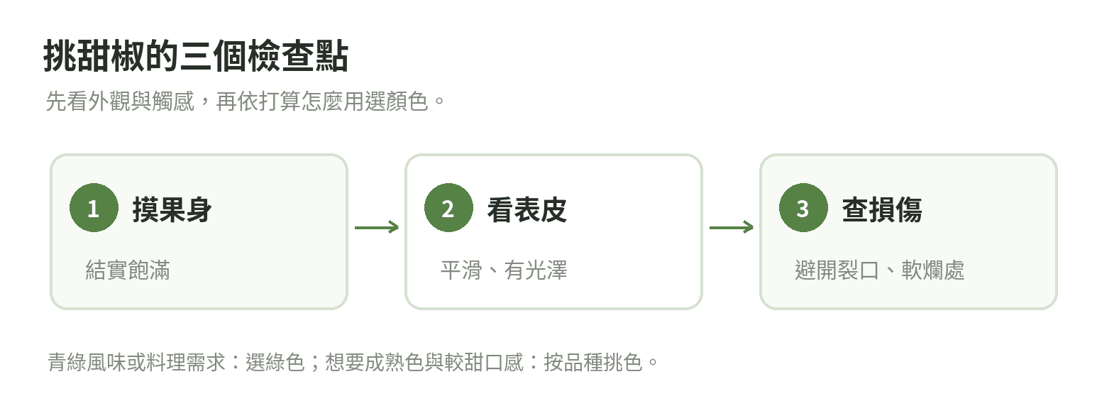 挑選甜椒的三個步驟:檢查果身是否結實、表皮是否平滑有光澤,再確認有無裂口或軟爛處。