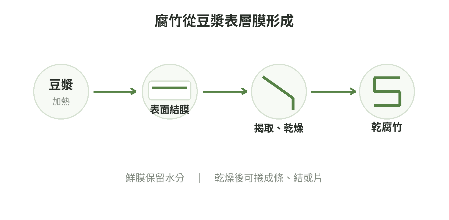 腐竹由豆漿表面形成薄膜,揭取並乾燥後成為捲曲條狀或片狀;鮮豆皮則保留水分。